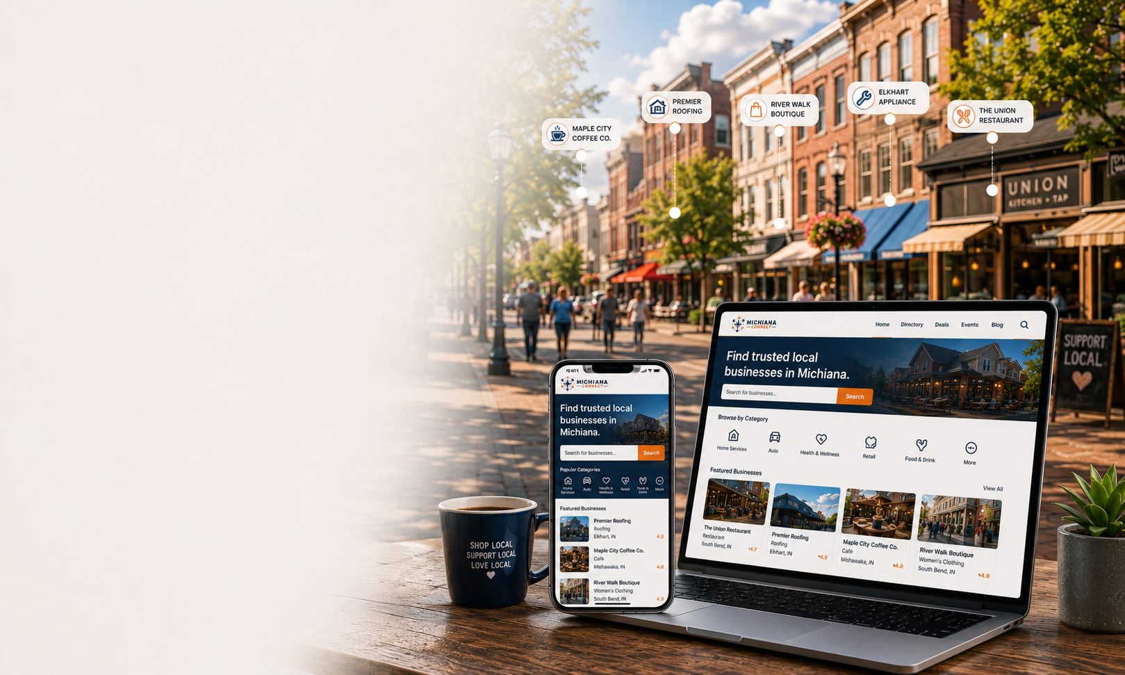 Website design hero — desktop, laptop, and mobile mockup